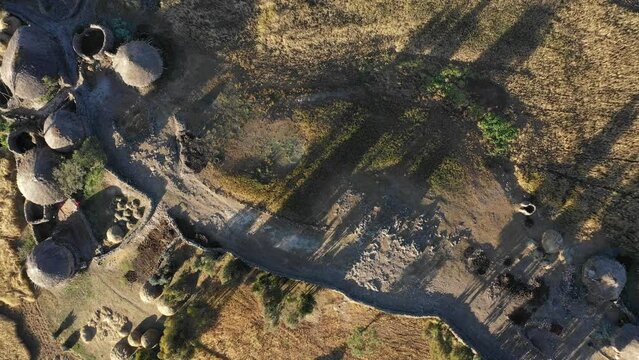 Aerial view of a Village with tukuls in the highlands AmharaWeldiya Ethiopia