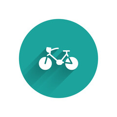 White Bicycle icon isolated with long shadow. Bike race. Extreme sport. Sport equipment. Green circle button. Vector