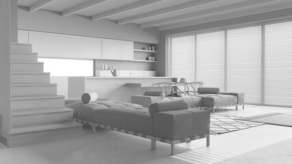 Total white project draft, minimal kitchen and living room with resin floor. Wooden beams ceiling, sofas, island with stools and panoramic window. Japandi interior design