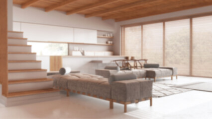 Blurred background, minimal kitchen and living room with resin floor. Wooden beams ceiling, sofas, island with stools and panoramic window. Japandi interior design