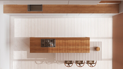 Minimal wooden kitchen with island in white and beige tones with resin floor. Cabinets, dining table and decors. Top view, plan, above. Japandi interior design