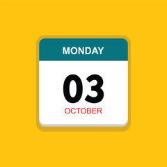 october 03 monday icon with yellow background, calender icon
