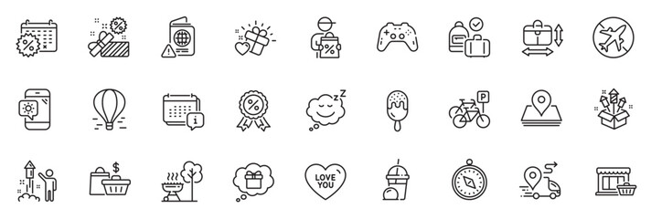 Icons pack as Gamepad, Marketplace and Delivery line icons for app include Pin, Delivery discount, Weather phone outline thin icon web set. Gift dream, Discount medal, Sleep pictogram. Vector
