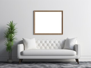 Picture frame mockup, set against a pristine white backdrop, with the inviting atmosphere of a homely living room generative ai