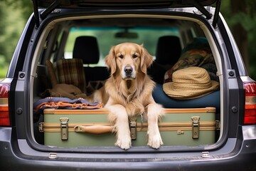 A golden retriever dog sitting in the car trunk, ready for a ride, Generative Ai