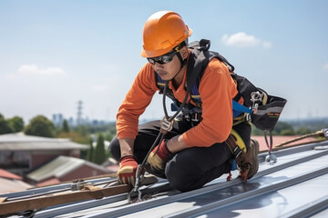A worker fixing a rooftop and a male installing or fixing a solar panel or rooftop in the daytime. 