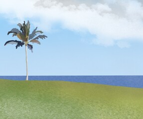 Seascape seashore green meadow, sky, clouds and palm tree, minimalistic