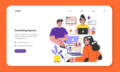 Coworking space web banner or landing page. Shared working environment.