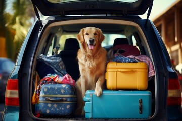 A golden retriever dog sitting in the car trunk, ready for a ride, Generative Ai