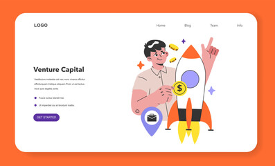 Venture capital web banner or landing page. Young male character