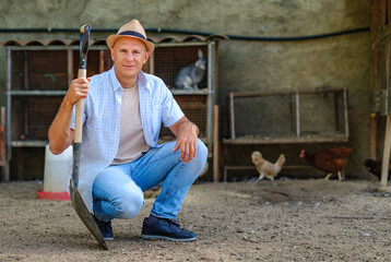 Farmer caucasian rural portrait with a shovel in hand countryside outdoors