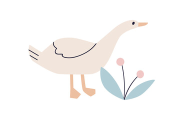 Cute funny goose and plant. Adorable sweet lovely kawaii bird, feathered animal in Scandinavian style. Kids childish nordic Scandi flat vector illustration isolated on white background