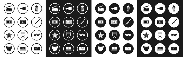 Set Popcorn in cardboard box, Movie clapper, Knife, Megaphone, Comedy and tragedy theatrical masks and Hollywood walk of fame star celebrity boulevard icon. Vector