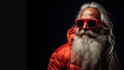 Portr&auml;t von einem modernen Weihnachtsmann mit roter Sonnenbrille, langem Bart, langen grauen Haaren und roter Winterjacke vor schwarzem Hintergrund mit Platz f&uuml;r Text