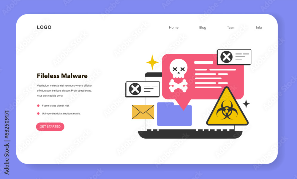 Poster fileless malware web banner or landing page. virus, hacking software