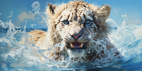 White Bengal tiger cub playing in the water