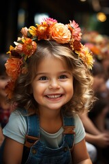 Children of various ages wearing party hats and big smiles on their faces. Generative AI