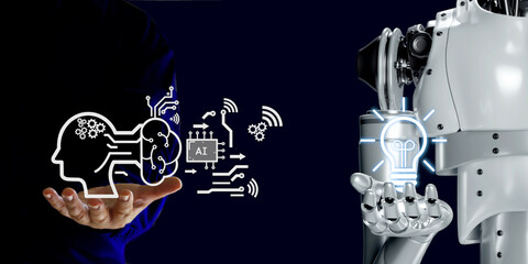 human with 3D robotic render with element digital technology icon backing on business