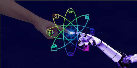 3D robotic hand touching human hand with digital business icon working together