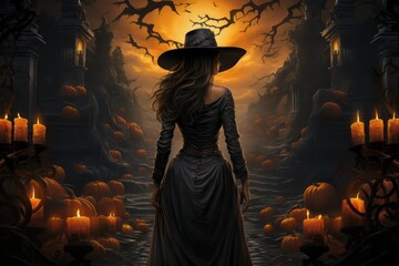 Halloween background with witch and pumpkin ,witch. A hallowen witch background to promote halloween party with pumpkins, bats, lights and ornaments . Generative AI