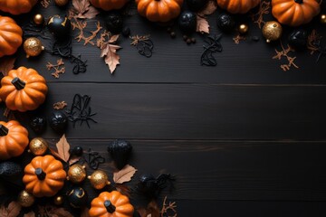 Happy halloween flat lay mockup with pumpkins on orange background. Autumn holiday concept composition. Top view with copy space. Generative ai.