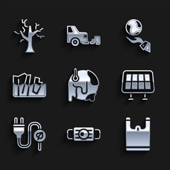 Set Global warming, Medical protective mask, Plastic bag, Solar energy panel, Electric saving plug leaf, Glacier melting, Hands holding Earth globe and Withered tree icon. Vector