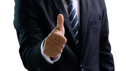 Business success concept.Businessman showing thumbs up sign with white background.Office, happiness and success concept.