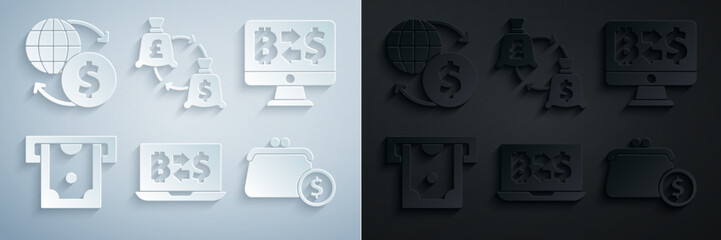 Set Cryptocurrency exchange, ATM and money, Wallet with coins, Currency and Money icon. Vector
