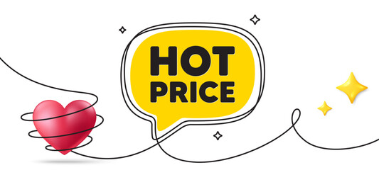 Hot Price tag. Continuous line art banner. Special offer Sale sign. Advertising Discounts symbol. Hot price speech bubble background. Wrapped 3d heart icon. Vector