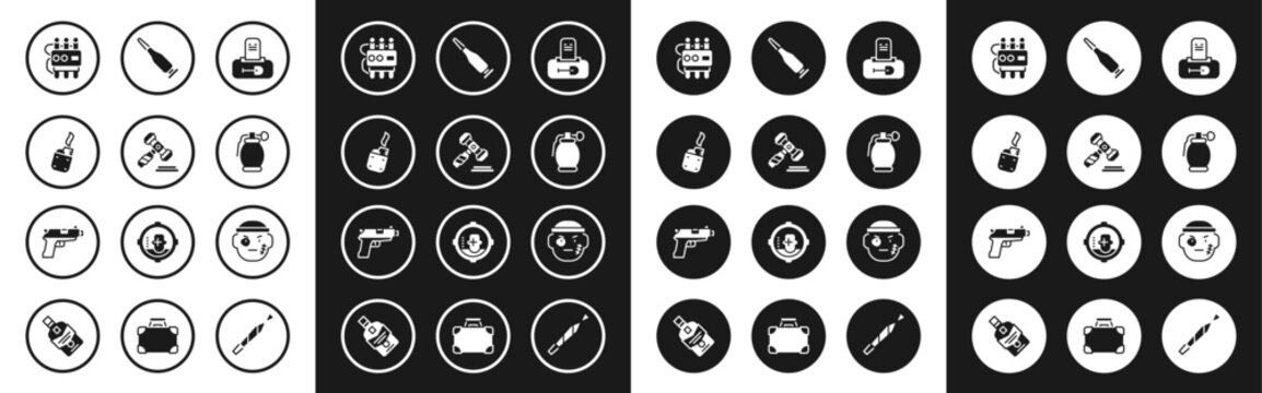 Set Grave with tombstone, Judge gavel, Lighter, Dynamite and timer clock, Hand grenade, Bullet, Bandit and Pistol or gun icon. Vector