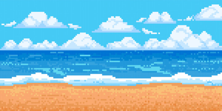 Pixel sea landscape. 8-bit sun beach with wave, cloud and sand. Game summer ocean panorama. Cloudy blue sky with horizon background. Pixels island scene. Vector illustration