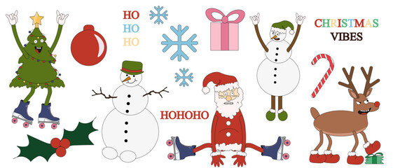 Big Christmas set with Groovy xmas Emoticon Character in trendy Y2K style. Collection of Holiday icon, sticker, symbol and elements isolated on white background. Vector illustration. 