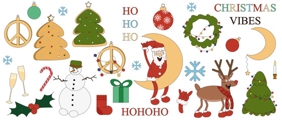Big Christmas set with Groovy xmas Character in trendy Y2K style. Collection of Holiday icon, sticker, symbol and elements isolated on white background. Vector illustration. Emoticon Santa, reindeer.