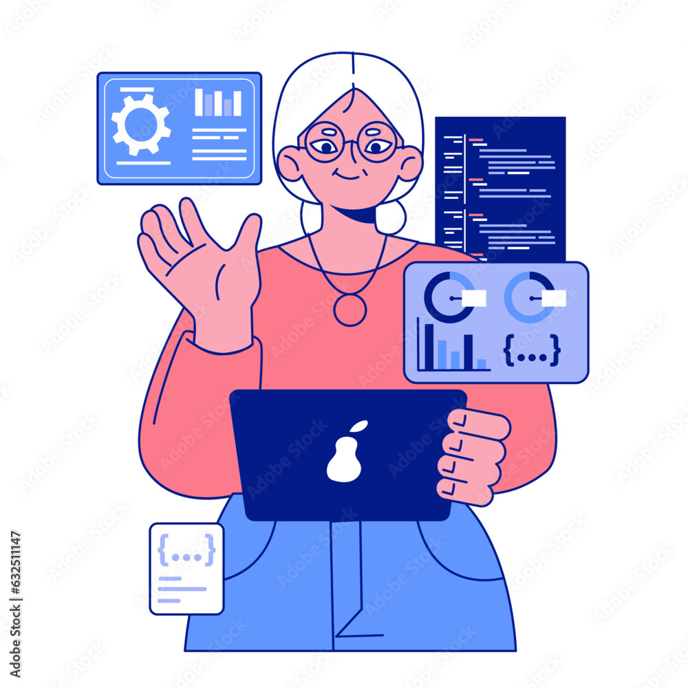 Poster senior developer. old woman programming and coding. developing