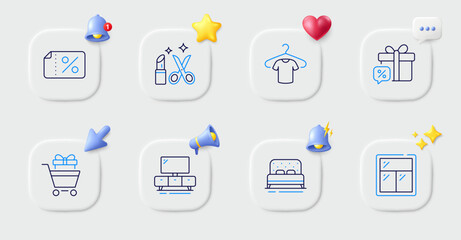 Beauty, T-shirt and Tv stand line icons. Buttons with 3d bell, chat speech, cursor. Pack of Shopping trolley, Sale gift, Discount banner icon. Bed, Window pictogram. For web app, printing. Vector