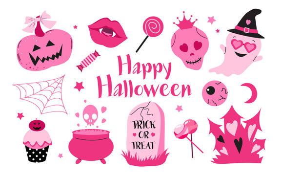 Happy Halloween. Pink fashion set, pink doll icons in Barbiecore style. Vector illustration