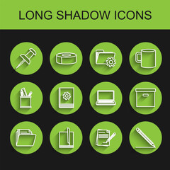 Set line Document folder, File document, Push pin, Blank notebook and pencil with eraser, Pencil line, User manual, Carton cardboard box and Laptop icon. Vector