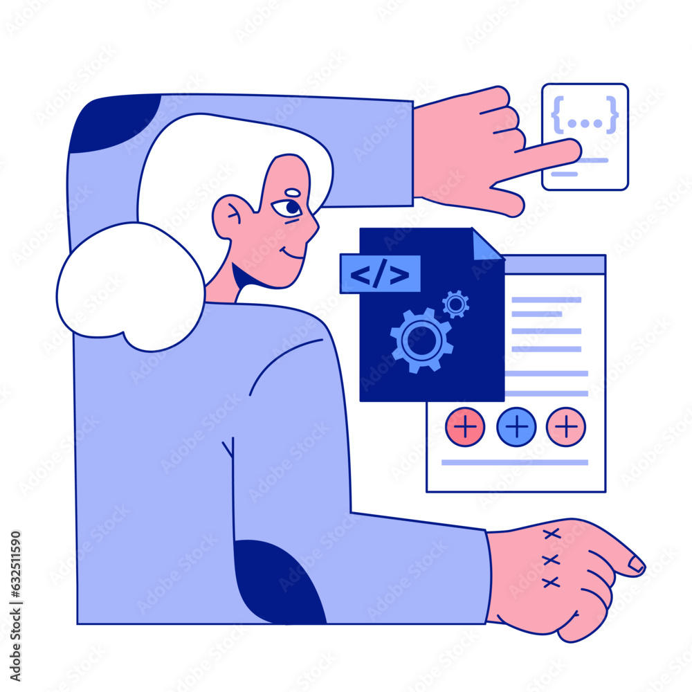 Poster senior developer. old woman programming and coding. developing