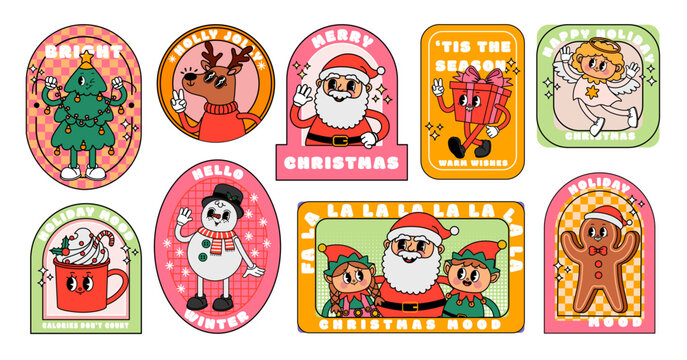 Cartoon Christmas stickers. Comic retro groovy character. Trendy vintage promo label, festive pins. Funny hippy gift, funky deer, Santa Claus and snowman. Shape patch vector elements