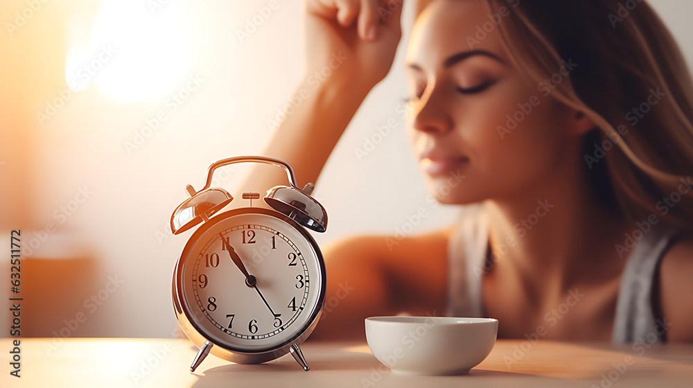 Wall mural Young girl turns offthe alarm clock in the morning. Ai Generative