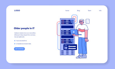 Naklejka premium Senior developer web banner or landing page. Oldman programming
