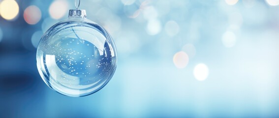 Transparent Christmas ball on a blue background with lights. Generative AI