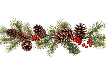 Christmas branch with red berries and pine cones on a white background. Natural decoration. Generative AI