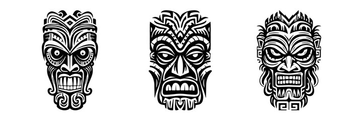 Tiki idols. Tribal polynesian mask, hawaiian wooden totem. Aztec style retro tattoo, African voodoo scary god design. Tribal-tiki exotic face. Vector set - obrazy, fototapety, plakaty