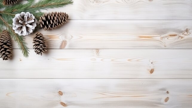Christmas card with natural decorartion on wooden background. Pine cones, red berries and pine tree branches. Generative AI