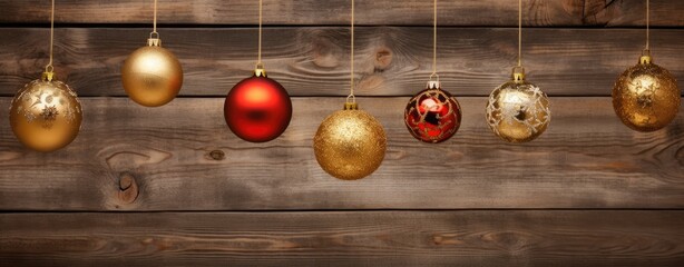 Christmas balls hunging on a wooden background. Generative AI