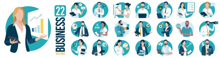 Business characters, business work, job positions. Set of  simple, circle shaped flat style business vector illustrations.
