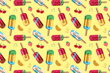 Vector abstract cute hand drawn illustration with ice cream and orange strawberry slice on yellow background. The pattern is great for fabric, wallpaper, wrapping paper, postcard, layout.