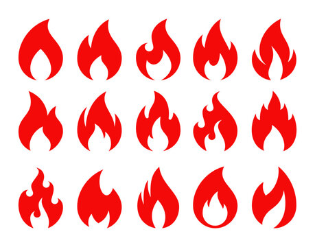 Fire icons. Hot burning flame, campfire and energy red symbols. Awesome, exciting or cool fire emoji, blaze bonfire. Fireball logo isolated vector set