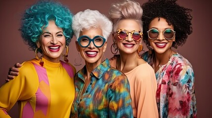 portrait of senior retired stylish woman designer cloth colorful costume smiling happiness cheerful vibrant fashion glasses fun photoshoot together on colour background,ai generate